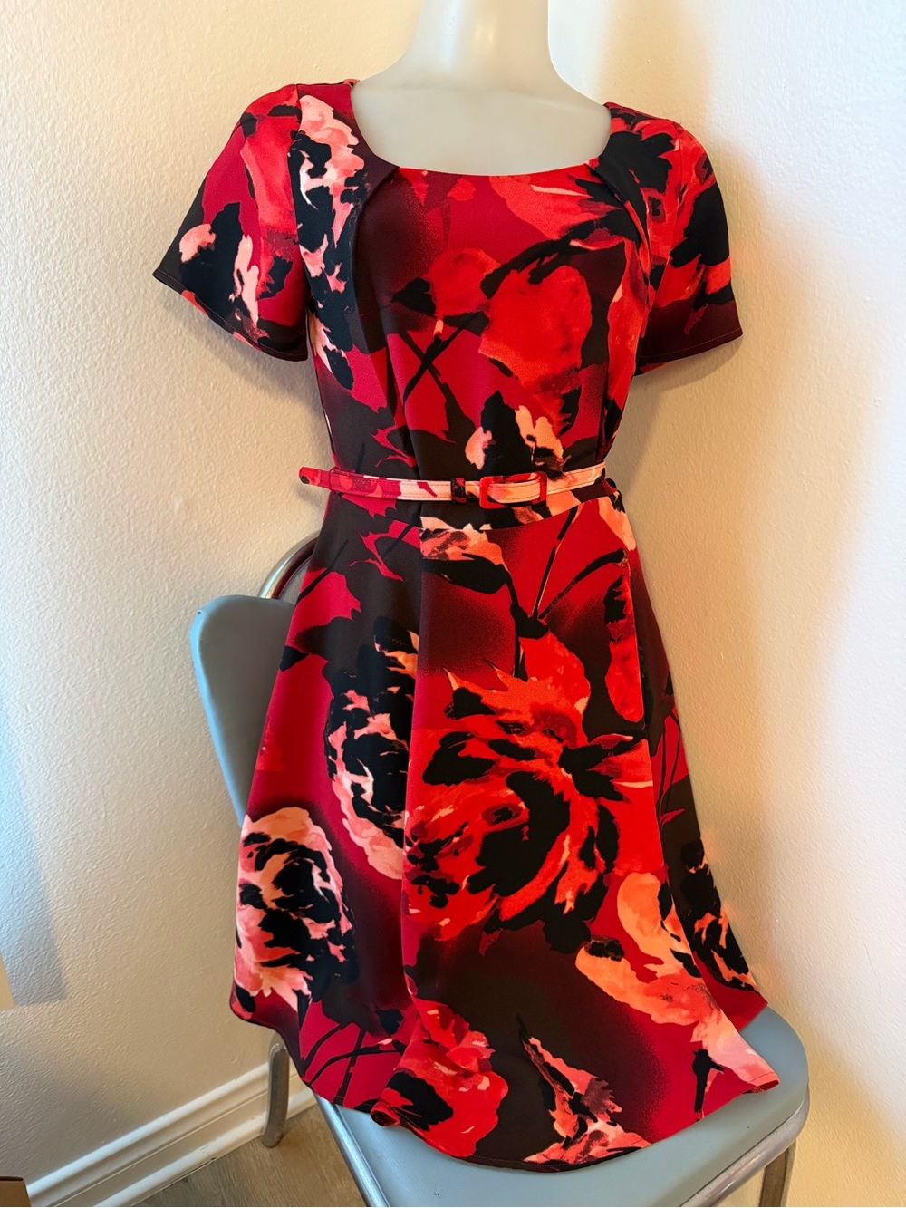 Eva Mendes for New York & Company Red Peony Fit and Flare Belted Dress
